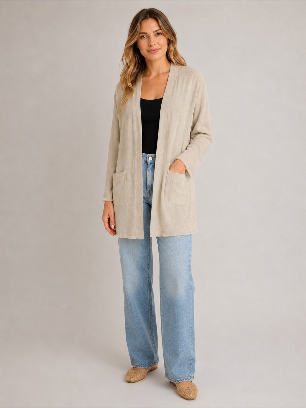 For Cynthia NWT Linen Blend Open Front Cardigan Tan Size M